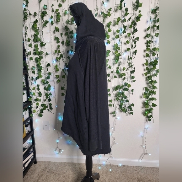 Elie Tahari Sport Mesh Sleeve Raw Hem Black Cotton French Terry Pullover Hoodie - Picture 9 of 11